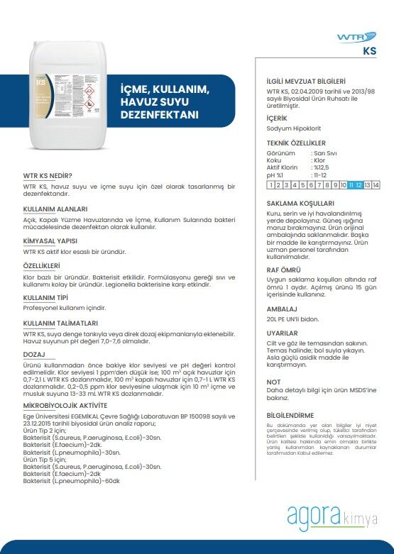 WTR KS | İçme , Kullanım ve Havuz Suyu Dezenfektanı 20lt/ 25 KG