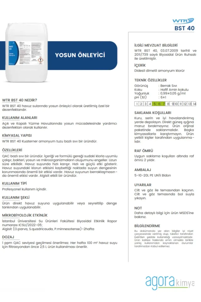 WTR BST40 HAVUZ YOSUN ÖNLEYİCİ QAC BAZLI 20LT