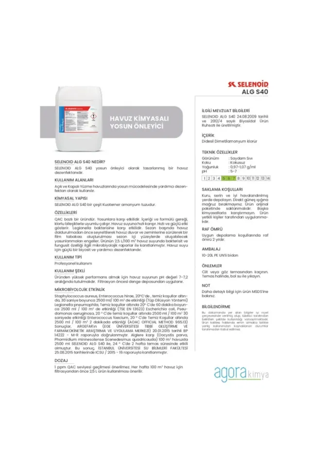 SELENOİD ALGS40 HAVUZ YOSUN ÖNLEYİCİ QAC BAZLI 10 lt
