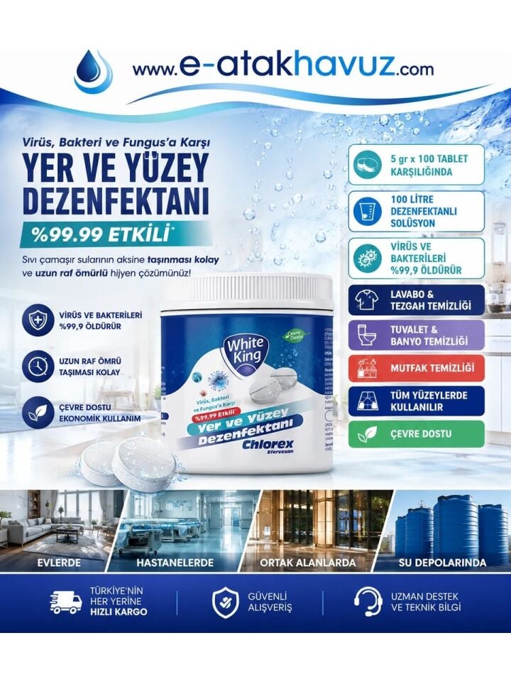 White King Cholorex Efervesan Nadcc Klor Tablet (5GR)/100 Adet - Içme ve Kullanma Su Depolarına